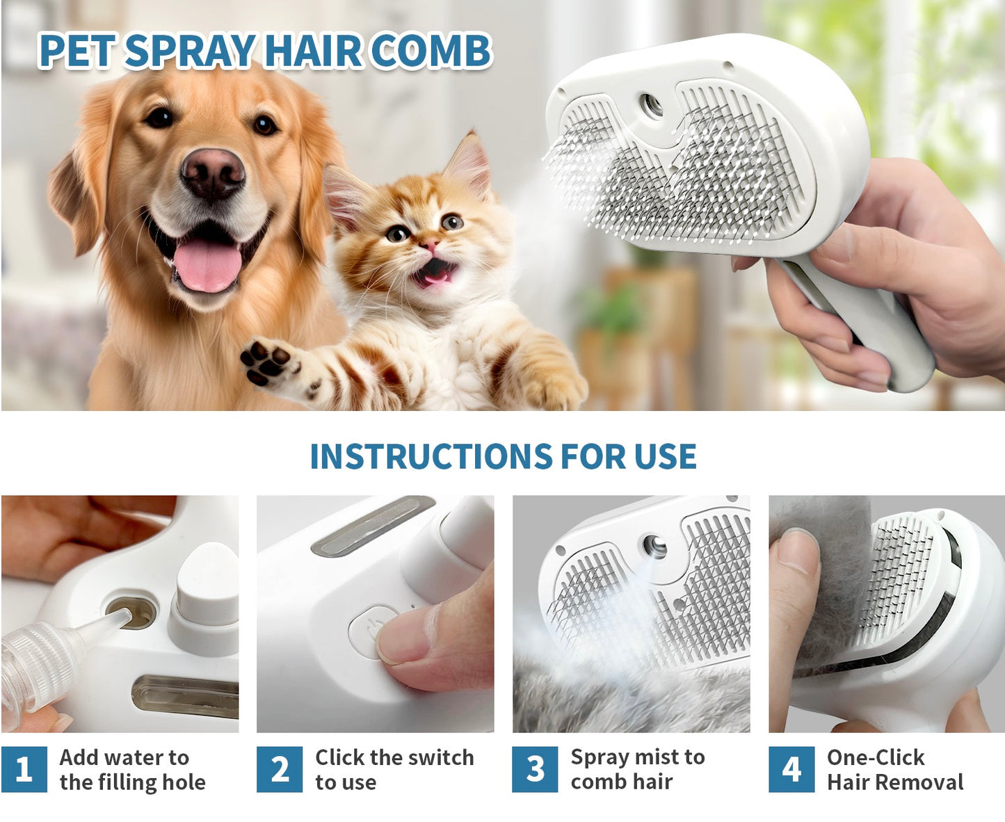 Dual-Action Pet Grooming Comb with Mist